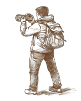 Sketch of a photographer with a backpack taking a picture using a DSLR camera. Perfect for blogs, websites or articles about photography. png