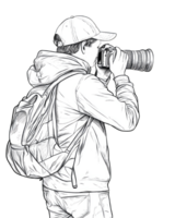 A black and white sketch of a photographer using a DSLR camera with a telephoto lens and backpack. Perfect for photography blogs and websites png