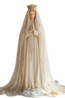 Beautiful Virgin Mary statue in flowing white gown with gold embroidery perfect for home altars or religious displays png