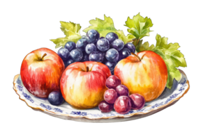 A vibrant watercolor painting shows red apples and dark and red grapes arranged on a decorative plate Perfect for kitchen decor or fruit themed projects png