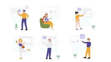 People Using Computers and Phones in Six Different Poses, 2D Animation, 4K Resolution, Digital Lifestyle, Technology Animation, Work and Communication Scene video