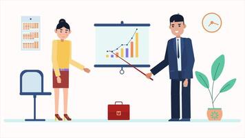 Business people in the office, presentation, 2D animation, corporate meeting, professional teamwork, project discussion, workplace collaboration in 4K resolution video