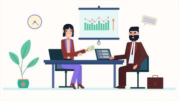 Business people in the office, meeting, discussing the project, 2D animation, corporate teamwork, workplace collaboration, professional discussion in 4K resolution video