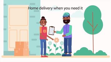 A man and woman standing in front of a house with the words Home Delivery When You Need, 2D animation, 4K resolution, fast delivery service, online shopping, doorstep delivery video