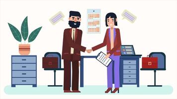 zwei Menschen zittern Hände im ein Büro, 2d Animation, Geschäft Vereinbarung, korporativ Handschlag, Fachmann handeln, Zusammenarbeit Zusammenarbeit im 4k Auflösung video