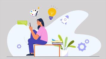 ein Frau Sitzung auf ein Bank mit ein Laptop und ein Licht Birne, kreativ Geschäft Denken, 2d Erklärer Animation, Innovation, Unternehmerschaft im 4k Auflösung video