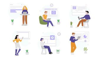 People working on laptops and other devices, six poses, 2D animation, digital workspace, remote work, technology in 4K resolution video