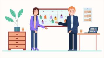 Businessman and woman in the office, meeting with a calendar, 2D animation, corporate planning, business discussion, teamwork collaboration in 4K resolution video