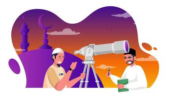 Two Men Looking at a Telescope with a Mosque in the Background, Moon Sighting Animation, Islamic Festival, Ramadan Crescent, 2D Animation, 4K Resolution video