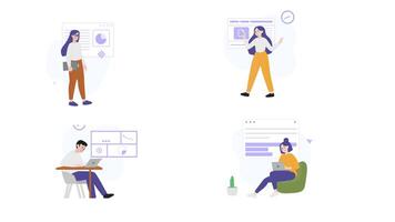 Four different illustrations of people working on computers, 2D animation, 4K resolution, digital workspace, remote work, office productivity, technology scene video