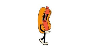 Retro cartoon style Hot Dog, designed as a Oktoberfest mascot, walking in a seamless loop animation. Transparent background for easy use in designs and overlays video