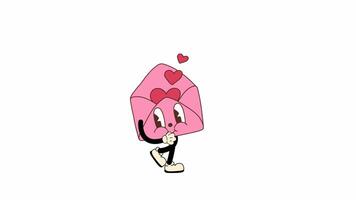 Retro cartoon style pink envelope with a heart designed as a Valentines Day mascot, walking in a seamless loop animation. Transparent background for easy use in designs and overlays video