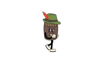 Retro cartoon style Beer barrel, designed as a Oktoberfest mascot, walking in a seamless loop animation. Transparent background for easy use in designs and overlays video