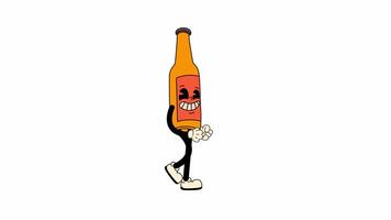 Retro cartoon style glass bottle of beer, designed as a Oktoberfest mascot, walking in a seamless loop animation. Transparent background for easy use in designs and overlays video