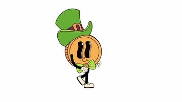 Retro cartoon style coin with a green hat and bow tie, designed as a St. Patrick's Day mascot, walking in a seamless loop animation. Transparent background for easy use in designs and overlays video