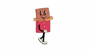 Retro cartoon style chocolate bar designed as a Valentines Day mascot, walking in a seamless loop animation. Transparent background for easy use in designs and overlays video