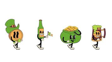 Set of retro cartoon characters designed as St. Patrick's Day mascots, walking in a seamless loop animation. Transparent background for easy use in designs and overlays video