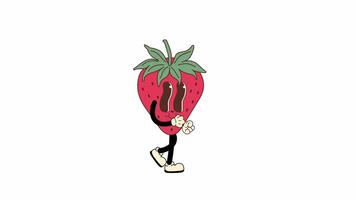Retro cartoon style strawberry, designed as a Valentines Day mascot, walking in a seamless loop animation. Transparent background for easy use in designs and overlays video