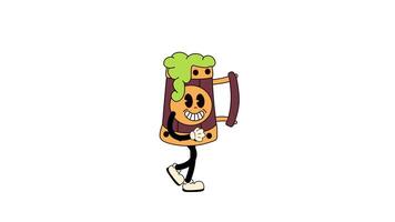 Retro cartoon style beer, designed as a St. Patrick's Day mascot, walking in a seamless loop animation. Transparent background for easy use in designs and overlays video