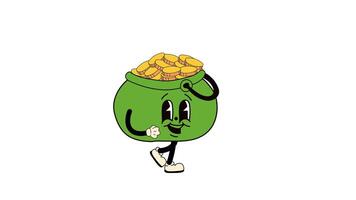 Retro cartoon style coin with a pot of gold, designed as a St. Patrick's Day mascot, walking in a seamless loop animation. Transparent background for easy use in designs and overlays video