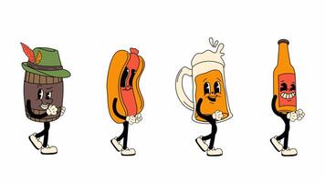 Set of retro cartoon characters designed as Oktoberfest mascots, walking in a seamless loop animation. Transparent background for easy use in designs and overlays video