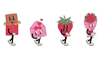 Set of retro cartoon characters designed as Valentine's Day mascots, walking in a seamless loop animation. Transparent background for easy use in designs and overlays video