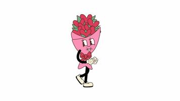 Retro cartoon style bouquet of hearts designed as a Valentines Day mascot, walking in a seamless loop animation. Transparent background for easy use in designs and overlays video