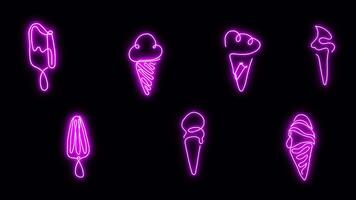 Set of neon pink ice cream stickers with a glowing effect on a transparent background. Bright and colorful digital design for overlays, graphics, and decorative elements video