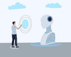 Futuristic illustration of a man interacting with an AI humanoid. Ideal for technology, artificial intelligence, innovation, and digital transformation concepts vector