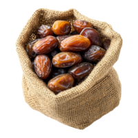 Dried Sweet Dates in Burlap Sack Isolated Transparent Background for Stylish and Natural Product Visuals png