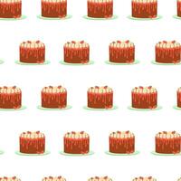Delicious chocolate cakes with cream and cherries displayed in a repeating pattern vector