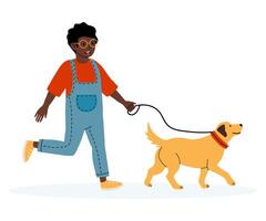 Person joyfully walking a cheerful dog in a sunny park setting during the afternoon vector
