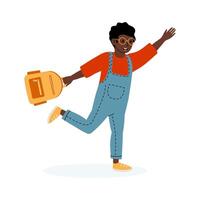 Child joyfully walking with a backpack, celebrating the start of a fun day vector