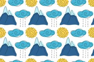 Colorful pattern featuring mountains, clouds, and sun with playful weather elements vector