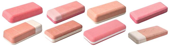 A set of rubber, pink erasers on a white background. photo
