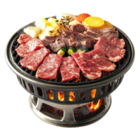Japanese Style Grilled Meat Feast with Vibrant Garnishes on Serving Platter png
