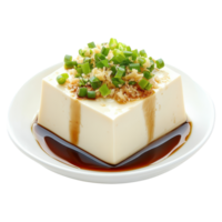 Artful Presentation of Chilled Tofu Dish with Savory Garnishes on a Minimalist Plate png
