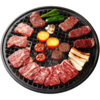 Yakiniku Sizzling Platter Showcasing a Delectable Assortment of Grilled Meats Vegetables and Seasonings png