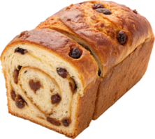 Freshly Baked Cinnamon Raisin Bread Loaf with Enticing Texture and Golden Crust png