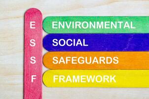ESSF for Environmental, Social, Safeguards and framework text on wooden stick photo