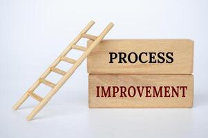 Process Improvement text on wooden blocks with small ladder background. Business and Process Improvement concept photo