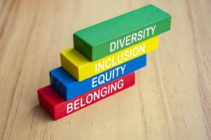 Diversity, Inclusion, Equity and Belonging text on multicolored wooden blocks. D and I concept photo