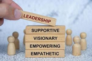 LEADERSHIP, SUPPORTIVE, VISIONARY, EMPOWERING and EMPATHETIC text on wooden blocks. Leadership concept. photo