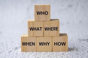 Who, What, Where, When, Why and How text on wooden cubes. Fact finding concept photo