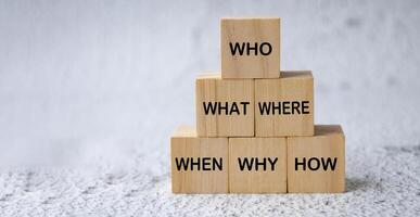 Who, What, Where, When, Why and How text on wooden cubes. photo