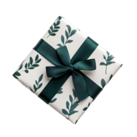 White gift box with green ribbon and bow on it. Leaves are drawn on the box. No background. Isolated. png