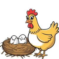 Cartoon chicken with eggs in nest vector