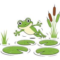 Frog jumping in the water with reeds vector
