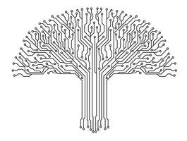 A black silhouette circuit board tree vector