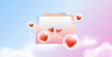 Hearts inside balloons fly along with letters in the sky vector